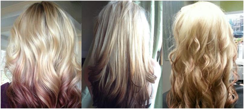 Омбре на русяве волосся середньої довжини: кольорове з білими кінчиками, фіолетове