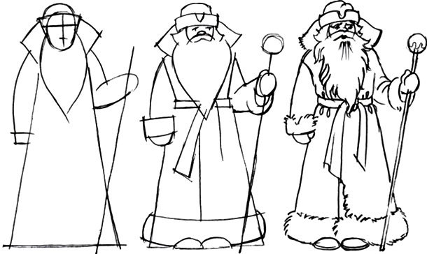 Як намалювати Діда Мороза і Снігуроньку поетапно олівцем?