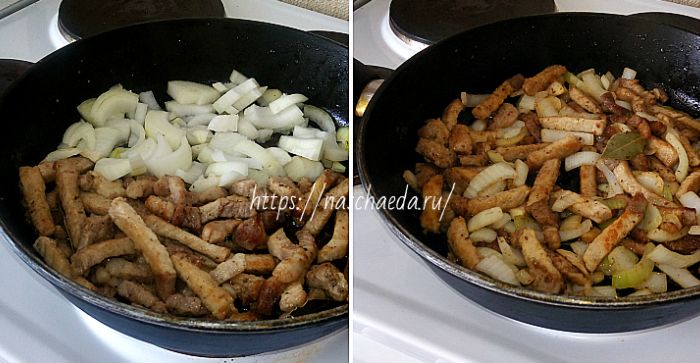 Смажена картопля з мясом і цибулею на сковороді